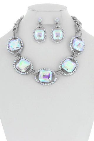 Chunky Oval Rhinestone Gem Link Necklace Set - Born To Glam
