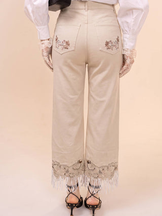 Washed Sand Embroidered Fringe Wide Leg Jeans - Faire photo 6