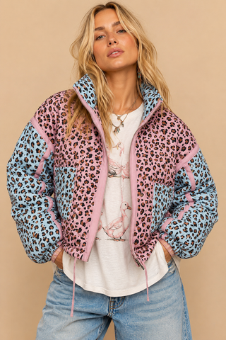 Pink Blue Wild Side Colorblock Puffer Jacket
