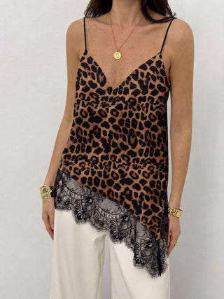 Coffee Leopard Lace Trim V-Neck Asymmetric Cami Top on model