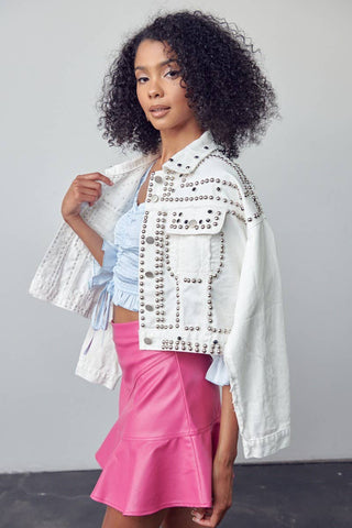White Studded Oversized Denim Jacket - Born To Glam