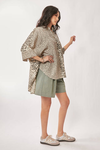 TAUPE LEOPARD ANIMAL PRINTED RIBBON RUFFLE SLEEVE SHIRT TOP - Born To Glam