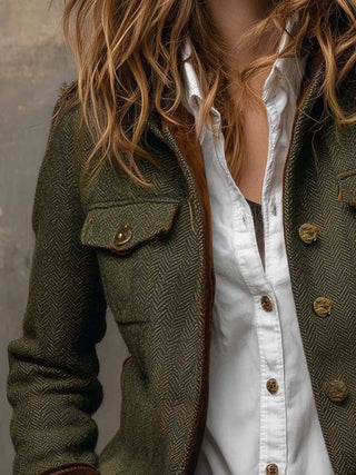 Army Green Herringbone Tweed Blazer with Velvet Trim Army Green view 2