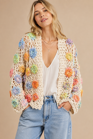 Cream Floral Crochet Cardigan