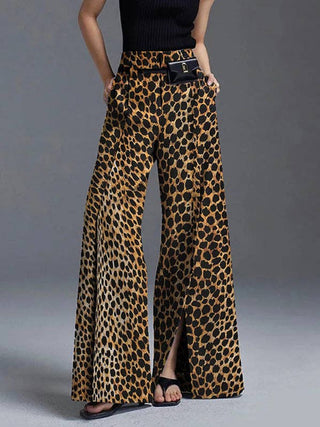 Loose Wide Leg Leopard Split-Front Casual Pants Pants Brown