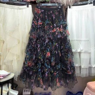 Beaded Patchwork Chiffon Skirt BLACK