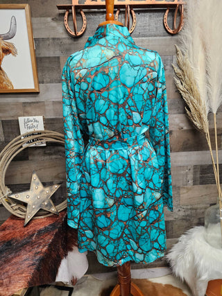 All Turquoise Long Sleeve Belted Satin Robe — Faire photo 4