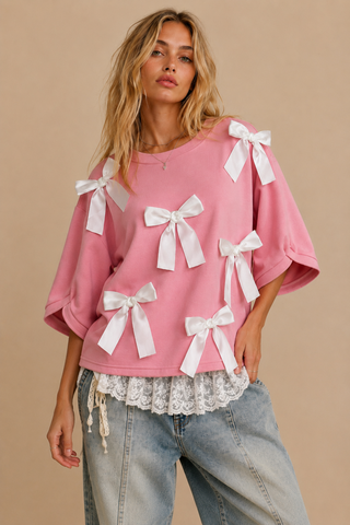 Soft Pink Rosy Bow-Embellished Short-Sleeve Top alternate view