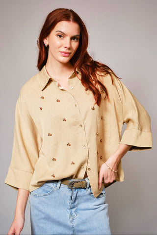 Hi-Low Pearl Embellished Chambray Top - Born To Glam
