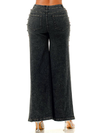 Black Studded Split-Hem Wide-Leg Pants by SALT