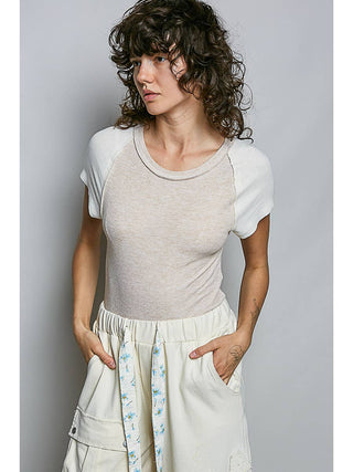 Almond Cream Contrast Raglan Fitted Top duplicate