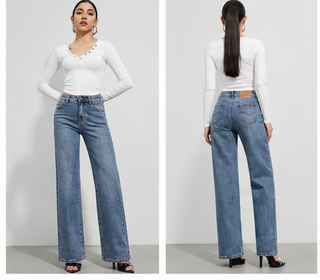 Blue Straight Leg High Rise Jeans