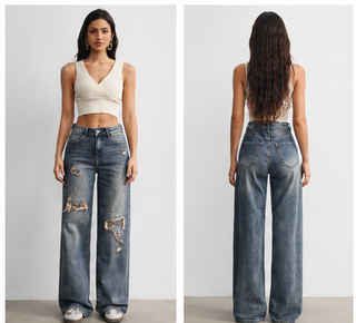 Distressed Straight Leg Denim Jeans