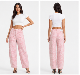 Pink Leopard Print Embellished Barrel Jeans