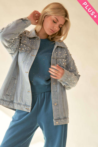 PLUS PEARL RHINESTONE DETAIL DENIM JACKET - Born To Glam
