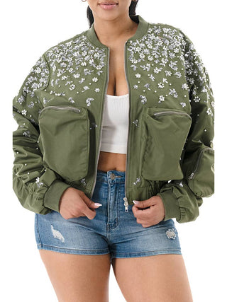 Olive Floral Pearl Long Sleeve Bomber Jacket – supplier photo 5