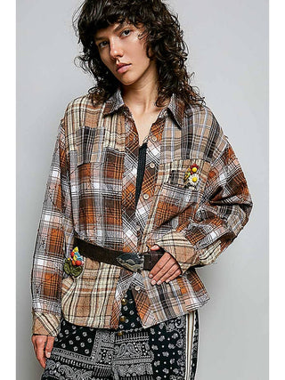Brown Patchwork Plaid Embellished Top duplicate