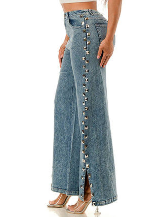 Blue Studded Split-Hem Wide-Leg Pants by SALT