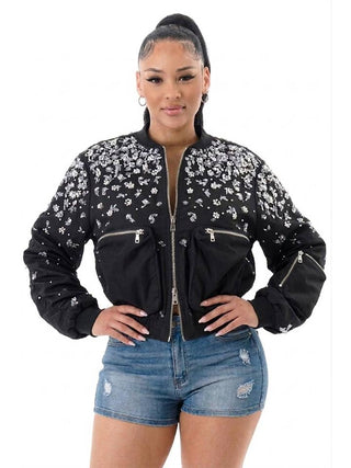 Black Floral Pearl Long Sleeve Bomber Jacket – supplier photo 2