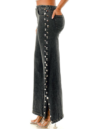 Black Studded Split-Hem Wide-Leg Pants by SALT