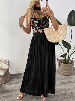 Black Embroidered Mesh Halter Pleated Jumpsuit detail