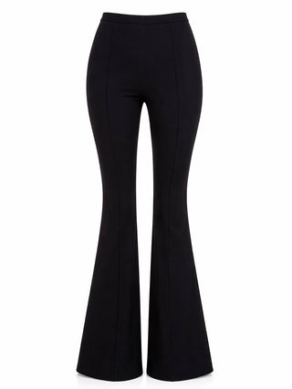Black high-waist bell bottom flare pants with a sleek front crease and dramatic flared hem.