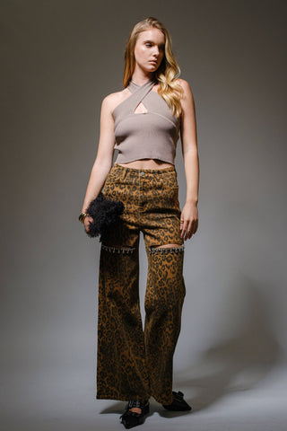 Leopard Print Cut-Out Rhinestone Jeans - Born To Glam