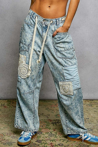 Acid Wash Patchwork Wide Leg Pants