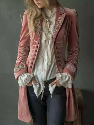 Pink Embroidered Velvet Longline Blazer Pink