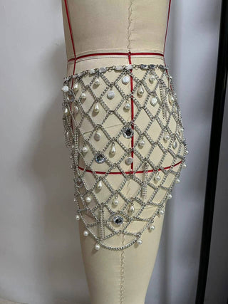 Pearl Chain Belt Mesh Skirt - Picture Color