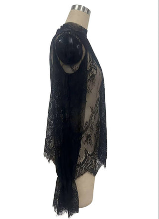Black Sheer Lace Bell Sleeve Blouse - Black