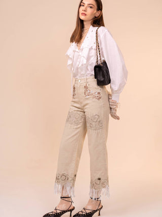 Washed Sand Embroidered Fringe Wide Leg Jeans - Faire photo 3