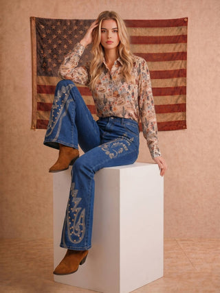 Beige Western Print Chiffon Button Up Blouse - Faire photo 9
