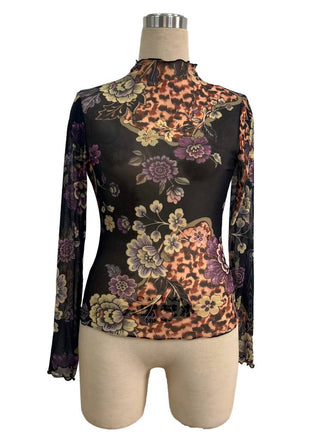 Vintage Floral Print Mesh Long Sleeve Slim Fit Top mannequin view