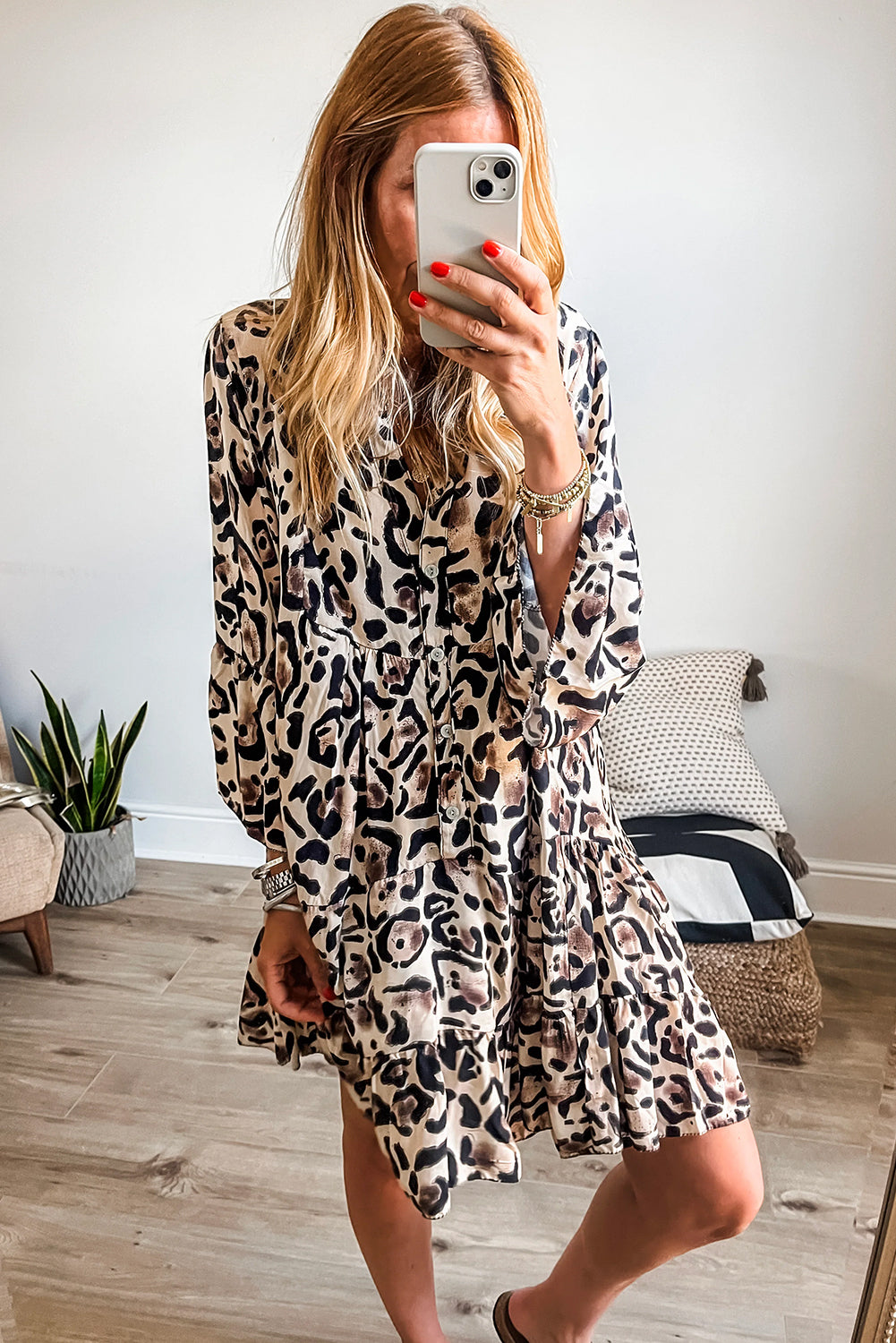 Black Leopard Print Buttoned Front 3/4 Sleeve Tiered Ruffled Hem Dress - Born To Glam Born To Glam