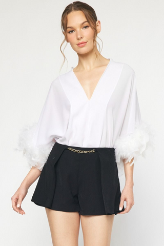 White Feather Trim Sleeve Bodysuit - Born To Glam