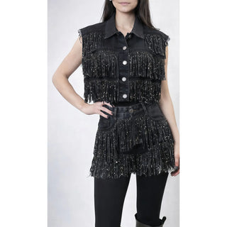 Black Studded Fringe Vest and Shorts Set