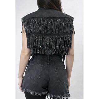 Black Studded Fringe Vest and Shorts Set