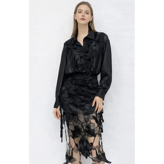 Black Sheer Floral Appliqué Shirt and Skirt Set