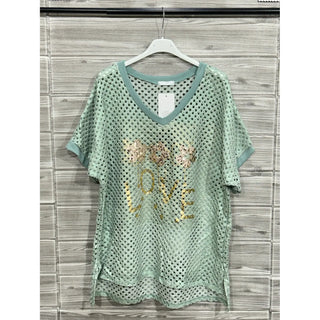 Mint Sequin Love Mesh Graphic Top