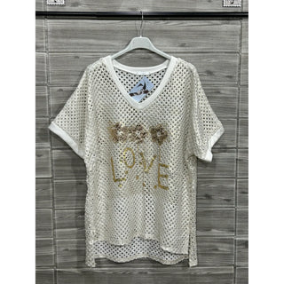 White Sequin Love Mesh Graphic Top