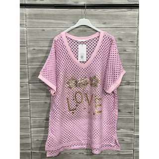 Pink Sequin Love Mesh Graphic Top
