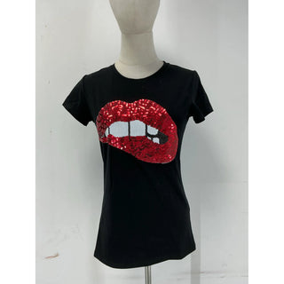 Style the Sequin Lips Black Fitted Graphic Tee exclusively at Born To Glam