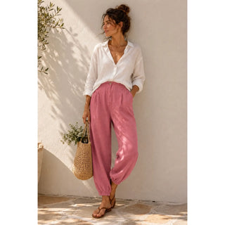 Pink Linen Elastic Waist Pants