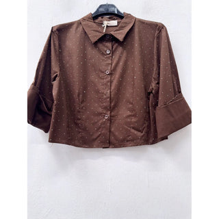 Brown Crystal Cropped Button Top