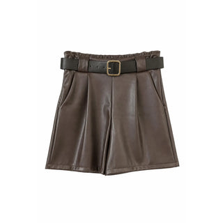 Brown Faux Leather High Waist Belted Pleated One Size Shorts