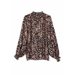 Brown Ditsy Floral Chiffon Ruffle Neck Tie Balloon Sleeve One Size Blouse