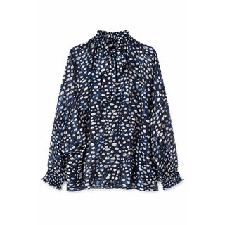 Blue Ditsy Floral Chiffon Ruffle Neck Tie Balloon Sleeve One Size Blouse
