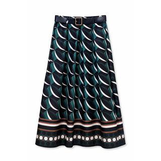 Green Geometric Scallop Print Belted Midi One Size Skirt