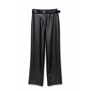 Black Faux Leather Belted Straight Leg One Size Pants